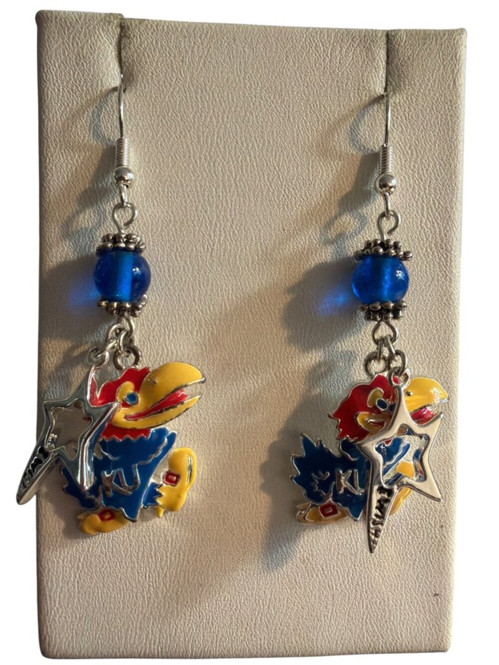 Kansas Jayhawks Silver Tone Dangle Earrings Blue Bead Enamel Charm Star 2.5" New